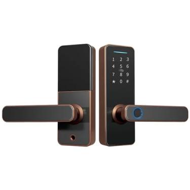 Imagem de Compatível com fechadura eletrônica inteligente com impressão digital biométrica/cartão inteligente/senha/desbloqueio de chave/carregamento de emergência USB(Coppery,TT Lock)