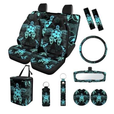 Imagem de Suobstales Acessórios de carro com estampa de hibisco tartaruga protetor de capa de assento de carro, capa de volante, capa de cinto de segurança, lata de lixo de carro, porta-copos de copo, capa de