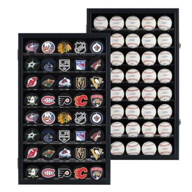 Imagem de 40 Hockey Puck Display Case Cabinet Holder Rack Baseball Case Ball Cubes Storage Cabinet with UV Protection Door Lockable, Black Finish Frame Y