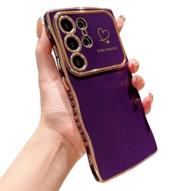 Imagem de IDweel Capa para Galaxy S24 Ultra para mulheres e meninas, moldura ondulada fofa de luxo em formato encaracolado com coração de amor, proteção de câmera levantada, slim fit, revestimento à prova de