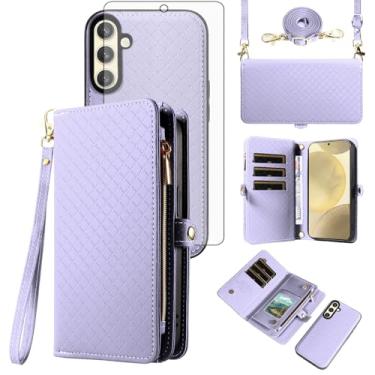 Imagem de Asuwish Capa de celular para Samsung Galaxy S24/S25 5G carteira com zíper destacável com protetor de tela de vidro temperado alça transversal alça flip compartimento para cartão S 24 24S 25 25S G5