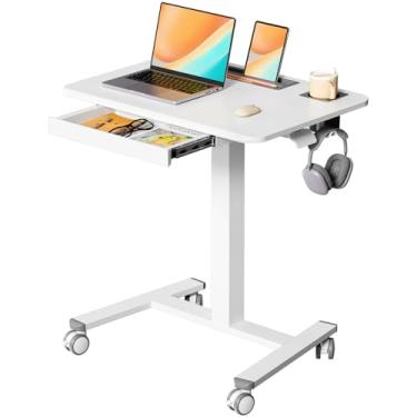 Imagem de JYLH JOYSEEKER Mesa móvel com gaveta, mesa com rodinhas de 71 cm com suporte de copo e ganchos, carrinho de laptop portátil sobre rodas, estação de trabalho ajustável em altura com armazenamento para