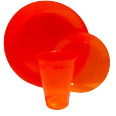 Imagem de Kit 10 Pratos P/Sobremesa 10 Pratos P/Refeição 10 Copos Festa Descartáveis Resistentes (LARANJA NEON, COPOS 300 ML)