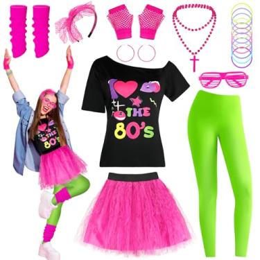 Imagem de Mukum Conjunto de fantasia dos anos 80 para mulheres, conjunto de acessórios de roupa, camiseta com ombro de fora, leggings e pulseiras para roupas vazadas, A - Leggings verdes, M