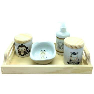 Imagem de Kit higiene bebê Safari 5 peças - Bandeja, potes, porta álcool E Molha