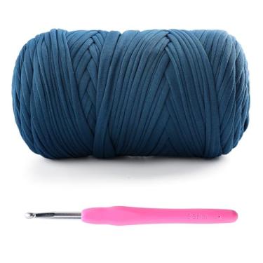 Imagem de Lpalats Fio de camiseta para crochê - 400 g/130 jardas tecido elástico de crochê - azul jeans