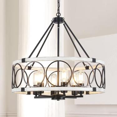 Imagem de SLBWQ Lustre Rústico De Fazenda, 6 Luzes, Luminárias De Sala De Jantar Sobre A Mesa, Luminária Suspensa De Fazenda, Lustre Redondo Para Ilha De Cozinha, Entrada, Hall De Entrada, Quarto, Carvalho Pr