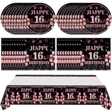 Imagem de Ryzovo 41Pcs 16Th Birthday Party Decorations Para Meninas Her, Rose Gold Birthday Supplies Inclui 20 Pratos, 20 Guardanapos E 1 Toalha De Mesa, Sweet Sixteen Year Old Birthday Party Tableware Para M