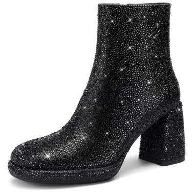 Imagem de FINDVELL Botas Pretas De Strass Para Mulheres, Salto Grosso, Plataforma Brilhante, Botinhas De Tornozelo, Sapatos Brilhantes, Casamento, Noiva, Tamanho 9