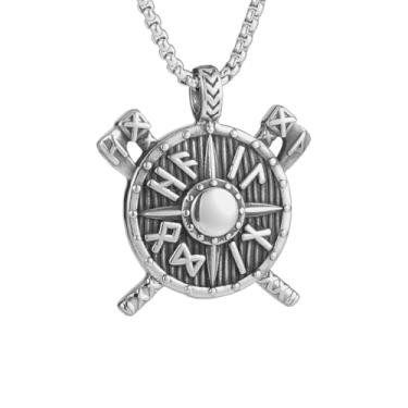 Imagem de Colar masculino redondo nórdico viking com pingente de bússola de bússola nórdica, material de aço inoxidável 316L, corrente de pérola quadrada de aço inoxidável prata, joia vintage de amuleto