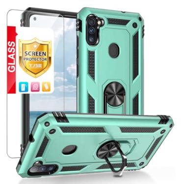 Imagem de Capa de celular TJS para Samsung Galaxy A11 (não serve para Galaxy A10/A10S/A10E), com [proteção de tela de vidro temperado de cobertura total] [resistente a impactos] [Defender] [anel de metal] [suporte magnético] armadura (azul-petróleo)