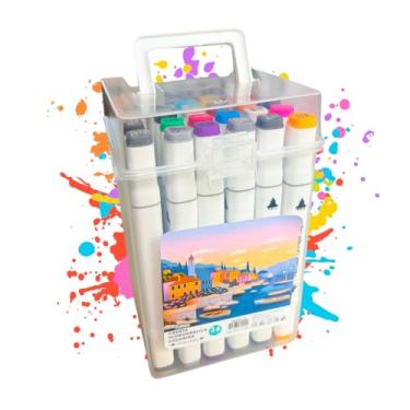 Imagem de Canetinha Ponta Dupla com Estojo para Colorir Kit de Canetas Escolar Marcador Coloridas Permanente Duas Pontas (36 CORES)