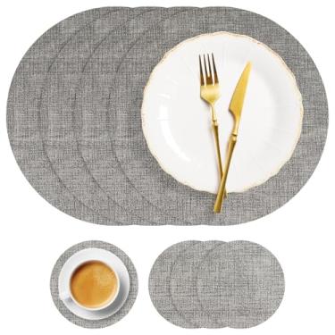 Imagem de yuuzue Jogo americano redondo conjunto de 4, jogo americano e porta-copos de couro sintético, tapetes de mesa resistentes ao calor, à prova d'água, à prova de óleo, limpáveis, jogo americano de mesa