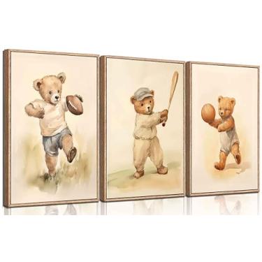 Imagem de 3 peças de arte de parede em tela de animais de berçário esportivo urso de pelúcia fofo floresta bebê rugby decoração de parede imagens futebol basquete beisebol crianças quarto de crianças decoração