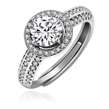 Imagem de Uloveido Conjunto de anéis de noivado de casamento solitário de zircônia cúbica de cor prata ajustáveis para homens e mulheres, Adjustable, Cristal, Zircônia cúbica