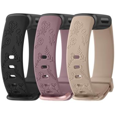 Imagem de Meliya Pulseira de substituição para Fitbit Inspire 3 para mulheres e homens, pulseiras de silicone com gravação floral para Fitbit Inspire 3 Fitness Tracker (preto + violeta fumê + chá de leite)