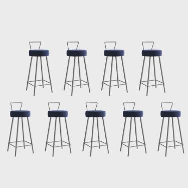 Imagem de Kit 09 Banqueta Alta Com Encosto Tais Eiffel Cozinha Bar Bistrô Ferro Prata Suede Azul Marinho - Ahz Móveis