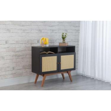 Imagem de Balcão Buffet Mdf Preto Pés Jatobá 2 Portas Com Nicho E Palhinha Retrô