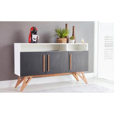 Imagem de Balcão Buffet Para Sala De Jantar Mdf Branco Pés Jatobá 3 Portas Preta