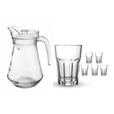 Imagem de Kit jarra c/ tampa e 6 copos de vidro para suco agua 7 peças - Origina