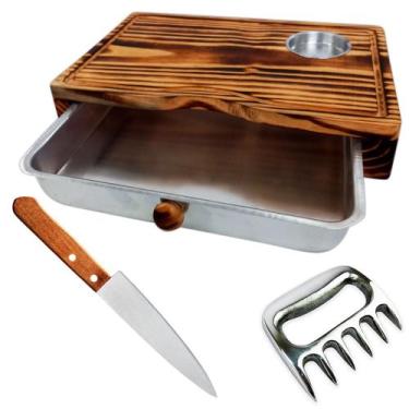 Imagem de Kit Churrasco Tábua Madeira Desenhada 1 Pote Faca Garra Urso - JJVERAS