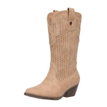 Imagem de Hamesk Botas caubói femininas cowgirl western bico fino salto baixo feminino salto grosso bota de panturrilha larga para casual elegante, Caqui, 37