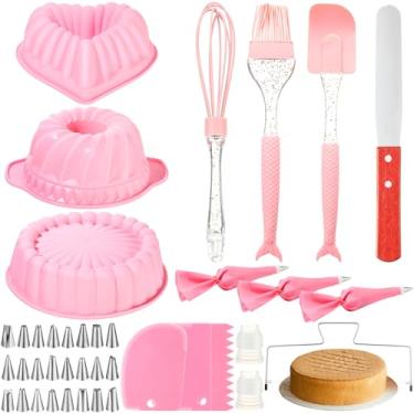Imagem de Blushtier Conjunto de 40 formas de silicone para bolo, forma de bolo Charlotte rosa, formas caneladas, em forma de coração, sacos de confeitar, pontas, nivelador, espátula, raspadores, suprimentos de