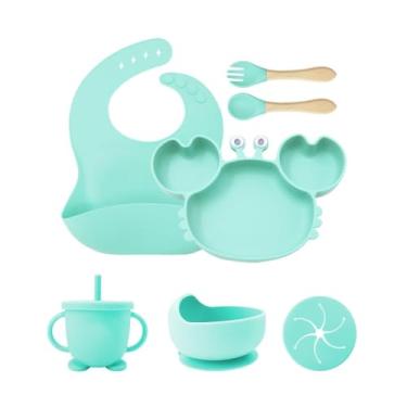 Imagem de Conjunto Refeição De 7 Peças Para Bebe De Silicone Com Ventosa Canudo Talher e Babador (Ciano)