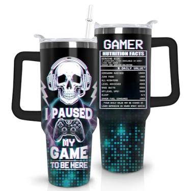 Imagem de thmasamwr Copo de jogo com alça, copo de garrafa de água para jogadores de 850 g com tampa e canudo, canecas de café de viagem para jogos, presentes de aniversário para amantes de jogos