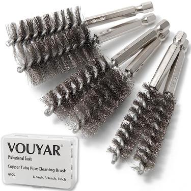Imagem de Vouyar Limpador de Tubos de Tubo de Cobre de 6 Unidades, Conjunto de Escova de Limpeza de Tubos de 1/2 "3/4" 1 ", Escovas de Furo de Fio de Aço Inoxidável para Furadeira Elétrica, Haste Sextavada de 1