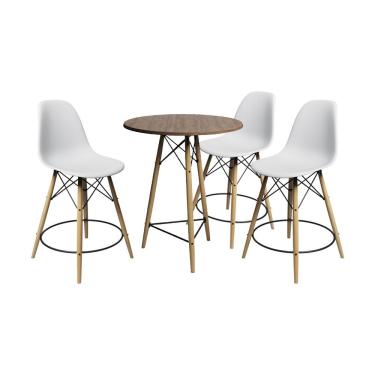 Imagem de Kit 3 Banquetas Bistrô Eames Eiffel Madeira Maciça Assento Plástico 70 cm Amêndoa e Branco Casa Prime