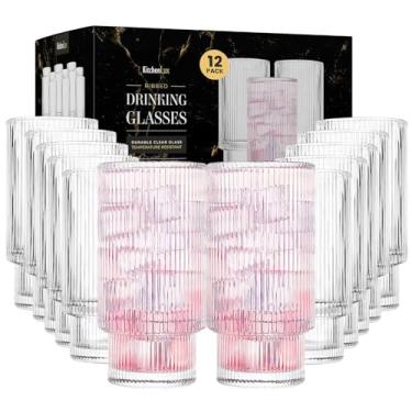 Imagem de Kitchen Lux Copos Canelados - De Vidro 12 Oz Conjunto Texturizados Vintage Retrô Ondulados Estéticos Para Uísque, Coquetel, Cerveja, Água, Acessórios Cafeteria