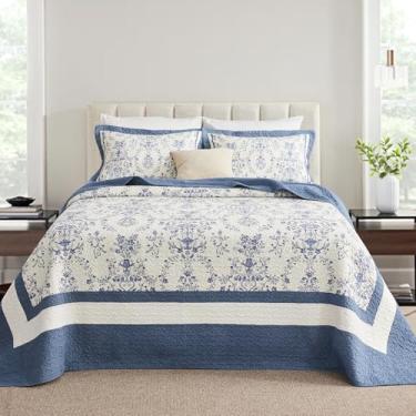 Imagem de CozyStitch Colcha grande California King - 100% algodão leve acolchoado - roupa de cama reversível macia, design floral medalhão - inclui 1 colcha (128 x 120) + 2 fronhas azul/branco