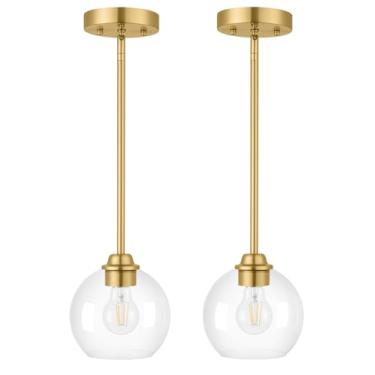 Imagem de Blitliviar Luminárias Pendentes Douradas, Pacote Com 2, Globo Cúpula De Vidro Transparente, Ilha Cozinha Pendente, Iluminação Suspensa Para