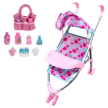 Imagem de Kit Carrinho Boneca Passeio Rosa e Bolsinha Maternidade - DM Toys