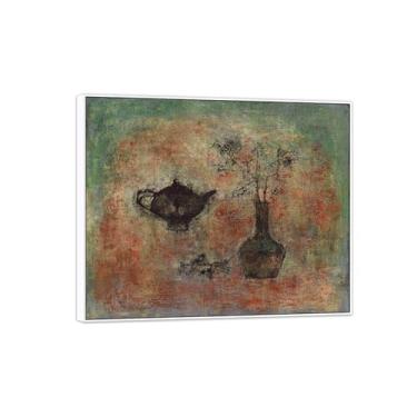 Imagem de MUHJDYC Zao Wou-ki Pintura famosa abstrata - imagem de arte em tela - arte de parede para sala de estar - reprodução de impressões (bule e vaso) moldura branca 20x25cm-8x10in