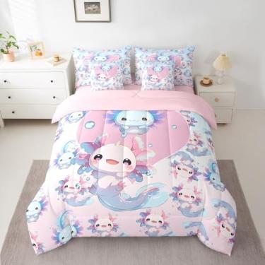 Imagem de Jogo de cama casal de 7 peças Axolotl com desenho animado, salamandra, edredom com lençol de cima, fronhas e fronhas para adultos, kawaii, oceano, marinha, rosa, azul, macio para todas as estações