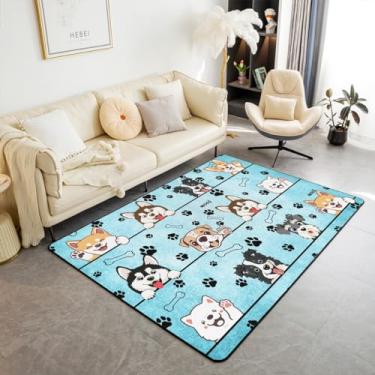 Imagem de Tapete de cachorro fofo 150 cm x 200 cm x 1 cm, decoração de animais de estimação, para quarto, sala de jogos, cabeceira, estampa de pata preta, azul, decorativo, para crianças