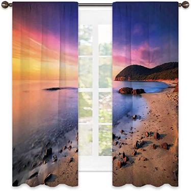 Imagem de Cortinas blecaute de praia 90%, famoso nascer do sol mediterrâneo na praia com seixos turismo impressão serena, para sala de estar ou quarto, L 182 x C 182 centímetros laranja violeta