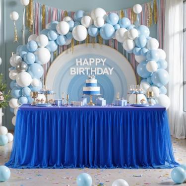 Imagem de Toalhas de mesa azul royal para festas, saias de mesa de tule, retangulares, 2,4 m, capas de mesa de elastano elásticas, banquete, casamento, chá de bebê, festa de aniversário, toalhas de mesa