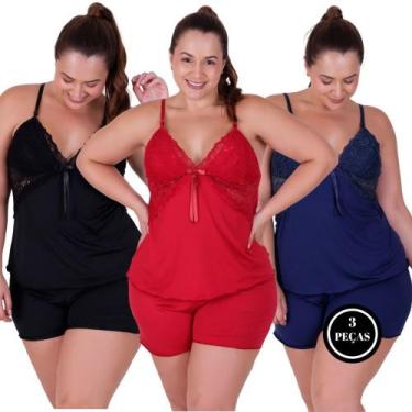 Imagem de Kit 3 Baby Doll Plus Size Detalhe Renda - c12 KIT 3 SIMONE PRETO VERME
