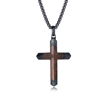 Imagem de Ropartman Colar de cruz de madeira para homens, pingente de crucifixo de madeira cristã de aço inoxidável preto de ébano incrustado à mão para meninos, corrente de caixa de 61 cm, Madeira, aço