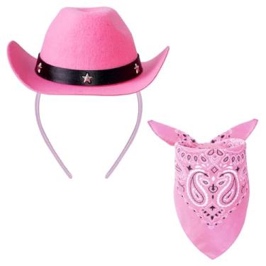 Imagem de Haakong Chapéu de caubói faixa de cabeça mini chapéu de vaqueira com bandana para mulheres, aniversário, festa de cowboy ocidental (rosa, 19 cm)