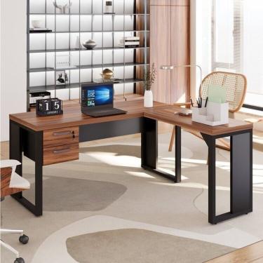 Imagem de Mesa Para Escritório Diretor Em L Com Gaveteiro Suspenso Espresso Móveis Marrom/preto