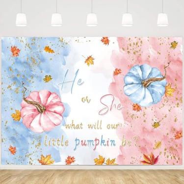 Imagem de MEHOFOND Pano de fundo revelador de gênero de abóbora pequena de 2,1 x 1,5 m, outono e outono, decoração de festa, folhas de bordo, aquarela fundo azul ou rosa, adereços para cabine de fotos