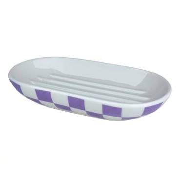 Imagem de Saboneteira de cerâmica, saboneteiras de chuveiro para pia de banheiro, saboneteira fofa para cozinha, saboneteira decorativa quadriculada roxa moderna