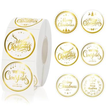 Imagem de 500 adesivos de Feliz Natal, adesivos de Feliz Natal, folha dourada de 3,8 cm, etiqueta de Natal holográfica transparente autoadesiva para presente, cartão, envelope