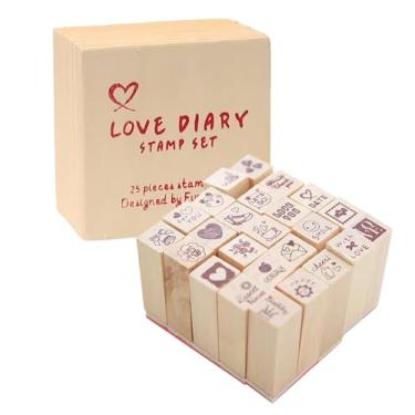 Imagem de Conjunto de 25 carimbos pequenos de madeira em forma de coração com caixa, mini lindos carimbos de diário DIY para decoração de artesanato, álbuns de recortes e cartões de convite de casamento