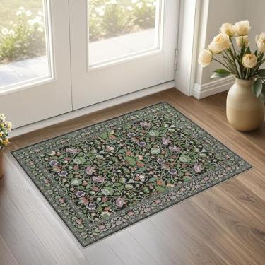 Imagem de UERMEI Tapete para sala de estar 5 x 7 cm, lavável, vintage, floral, grande, macio, antiderrapante, tapete fino para quarto, sala de jantar, sala de jogos, escritório, decoração interna - verde escuro