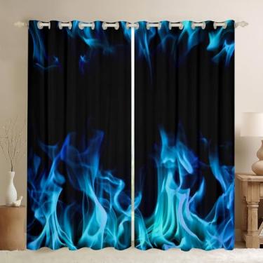 Imagem de Cortinas de chama azul, cortina de janela com chamas frias, crianças, meninos, homens, adolescentes, moderno, moderno, tratamento de janela, preto, macio, decoração de quarto, sala de estar, 2 painéis